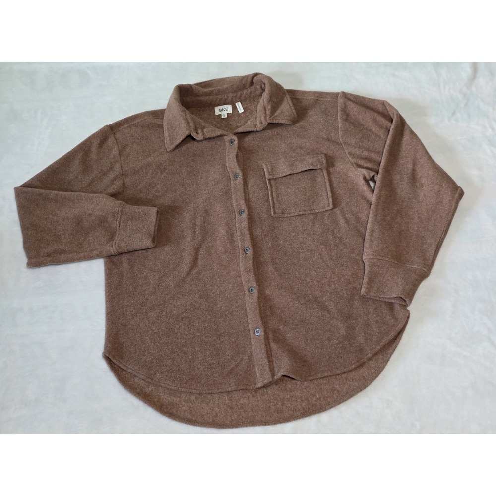 BKE womens size small taupe brown oversized fleece boyfriend button down shacket